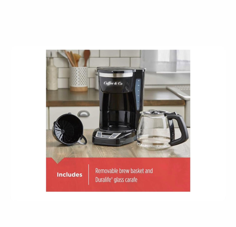 Coffee & Co 12-Cup Digital Coffee Maker, Programmable, Washable Basket Filter, Sneak-A-Cup, Auto Brew, Water Window, Keep Hot Plate, Black